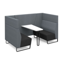 Encore open high back 4 person meeting booth with table and black sled frame - elapse grey seats with late grey backs and infill panel