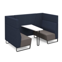 Encore open high back 4 person meeting booth with table and black sled frame - forecast grey seats with range blue backs and infill panel