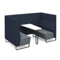 Encore open high back 4 person meeting booth with table and black sled frame - late grey seats with range blue backs and infill panel