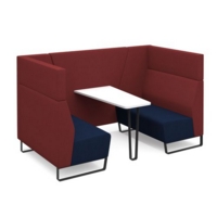 Encore open high back 4 person meeting booth with table and black sled frame - maturity blue seats with extent red backs and infill panel