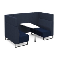 Encore open high back 4 person meeting booth with table and black sled frame - maturity blue seats with range blue backs and infill panel