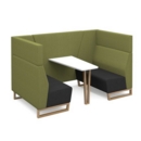 Encore open high back 4 person meeting booth with table and wooden sled frame - elapse grey seats with endurance green backs and infill panel