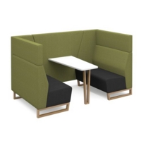 Encore open high back 4 person meeting booth with table and wooden sled frame - elapse grey seats with endurance green backs and infill panel