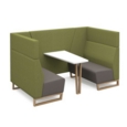 Encore open high back 4 person meeting booth with table and wooden sled frame - forecast grey seats with endurance green backs and infill panel