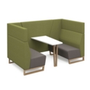 Encore open high back 4 person meeting booth with table and wooden sled frame - forecast grey seats with endurance green backs and infill panel