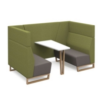 Encore open high back 4 person meeting booth with table and wooden sled frame - forecast grey seats with endurance green backs and infill panel