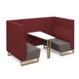 Encore open high back 4 person meeting booth with table and wooden sled frame - forecast grey seats with extent red backs and infill panel