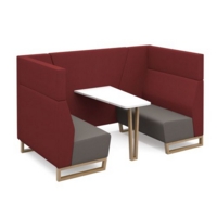 Encore open high back 4 person meeting booth with table and wooden sled frame - forecast grey seats with extent red backs and infill panel