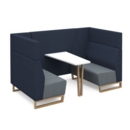 Encore open high back 4 person meeting booth with table and wooden sled frame - late grey seats with range blue backs and infill panel