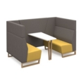 Encore open high back 4 person meeting booth with table and wooden sled frame - lifetime yellow seats with forecast grey backs and infill panel
