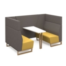 Encore open high back 4 person meeting booth with table and wooden sled frame - lifetime yellow seats with forecast grey backs and infill panel
