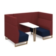Encore open high back 4 person meeting booth with table and wooden sled frame - maturity blue seats with extent red backs and infill panel