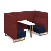 Encore open high back 4 person meeting booth with table and wooden sled frame - maturity blue seats with extent red backs and infill panel