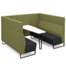 Encore open high back 6 person meeting booth with table and black sled frame - elapse grey seats with endurance green backs and infill panel