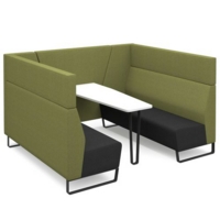 Encore open high back 6 person meeting booth with table and black sled frame - elapse grey seats with endurance green backs and infill panel