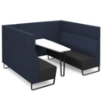 Encore open high back 6 person meeting booth with table and black sled frame - elapse grey seats with range blue backs and infill panel