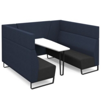 Encore open high back 6 person meeting booth with table and black sled frame - elapse grey seats with range blue backs and infill panel