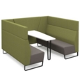 Encore open high back 6 person meeting booth with table and black sled frame - forecast grey seats with endurance green backs and infill panel
