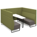 Encore open high back 6 person meeting booth with table and black sled frame - forecast grey seats with endurance green backs and infill panel