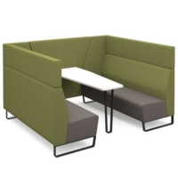 Encore open high back 6 person meeting booth with table and black sled frame - forecast grey seats with endurance green backs and infill panel