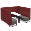 Encore open high back 6 person meeting booth with table and black sled frame - forecast grey seats with extent red backs and infill panel