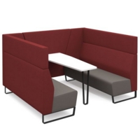 Encore open high back 6 person meeting booth with table and black sled frame - forecast grey seats with extent red backs and infill panel