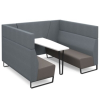 Encore open high back 6 person meeting booth with table and black sled frame - forecast grey seats with late grey backs and infill panel