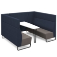 Encore open high back 6 person meeting booth with table and black sled frame - forecast grey seats with range blue backs and infill panel