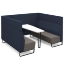 Encore open high back 6 person meeting booth with table and black sled frame - forecast grey seats with range blue backs and infill panel