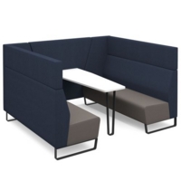 Encore open high back 6 person meeting booth with table and black sled frame - forecast grey seats with range blue backs and infill panel