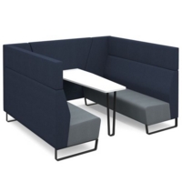 Encore open high back 6 person meeting booth with table and black sled frame - late grey seats with range blue backs and infill panel