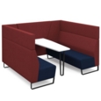 Encore open high back 6 person meeting booth with table and black sled frame - maturity blue seats with extent red backs and infill panel