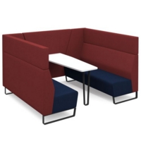Encore open high back 6 person meeting booth with table and black sled frame - maturity blue seats with extent red backs and infill panel