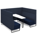 Encore open high back 6 person meeting booth with table and black sled frame - maturity blue seats with range blue backs and infill panel