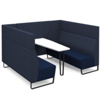 Encore open high back 6 person meeting booth with table and black sled frame - maturity blue seats with range blue backs and infill panel