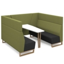 Encore open high back 6 person meeting booth with table and wooden sled frame - elapse grey seats with endurance green backs and infill panel
