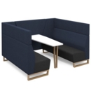 Encore open high back 6 person meeting booth with table and wooden sled frame - elapse grey seats with range blue backs and infill panel