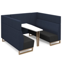 Encore open high back 6 person meeting booth with table and wooden sled frame - elapse grey seats with range blue backs and infill panel