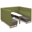 Encore open high back 6 person meeting booth with table and wooden sled frame - forecast grey seats with endurance green backs and infill panel