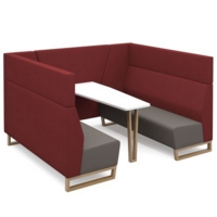 Encore open high back 6 person meeting booth with table and wooden sled frame - forecast grey seats with extent red backs and infill panel