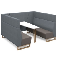 Encore open high back 6 person meeting booth with table and wooden sled frame - forecast grey seats with late grey backs and infill panel