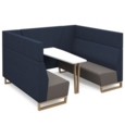 Encore open high back 6 person meeting booth with table and wooden sled frame - forecast grey seats with range blue backs and infill panel