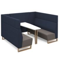Encore open high back 6 person meeting booth with table and wooden sled frame - forecast grey seats with range blue backs and infill panel