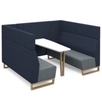 Encore open high back 6 person meeting booth with table and wooden sled frame - late grey seats with range blue backs and infill panel