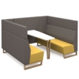 Encore open high back 6 person meeting booth with table and wooden sled frame - lifetime yellow seats with forecast grey backs and infill panel