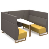 Encore open high back 6 person meeting booth with table and wooden sled frame - lifetime yellow seats with forecast grey backs and infill panel