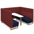 Encore open high back 6 person meeting booth with table and wooden sled frame - maturity blue seats with extent red backs and infill panel