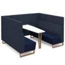 Encore open high back 6 person meeting booth with table and wooden sled frame - maturity blue seats with range blue backs and infill panel