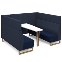 Encore open high back 6 person meeting booth with table and wooden sled frame - maturity blue seats with range blue backs and infill panel
