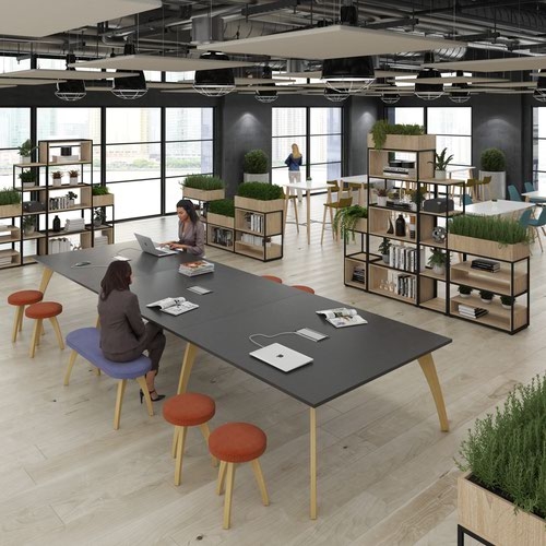 Enable worktable 4800mm x 1600mm deep with eight solid oak legs - white